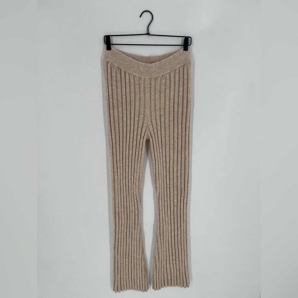 Anine Bing Val 100% Wool Wide Ribbed Knit Straight Leg Pants In Cream